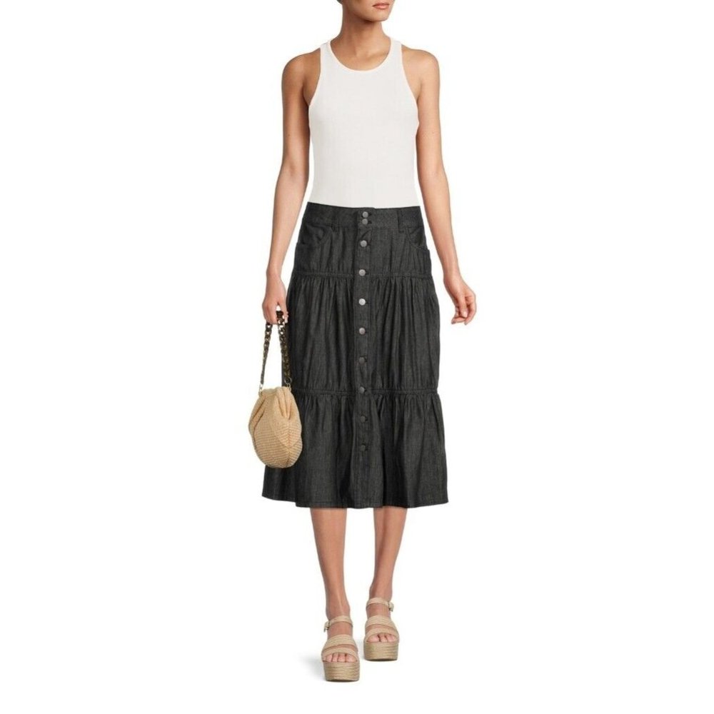 Time And Tru Women’s Black Wash Denim 3-Tiered Boho Pocket Button Down Skirt 6